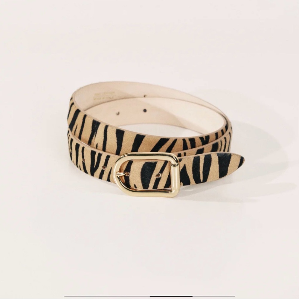 Dahanche Animal Print Pony Hair Leather Belt with Gold Plated Buckle XS